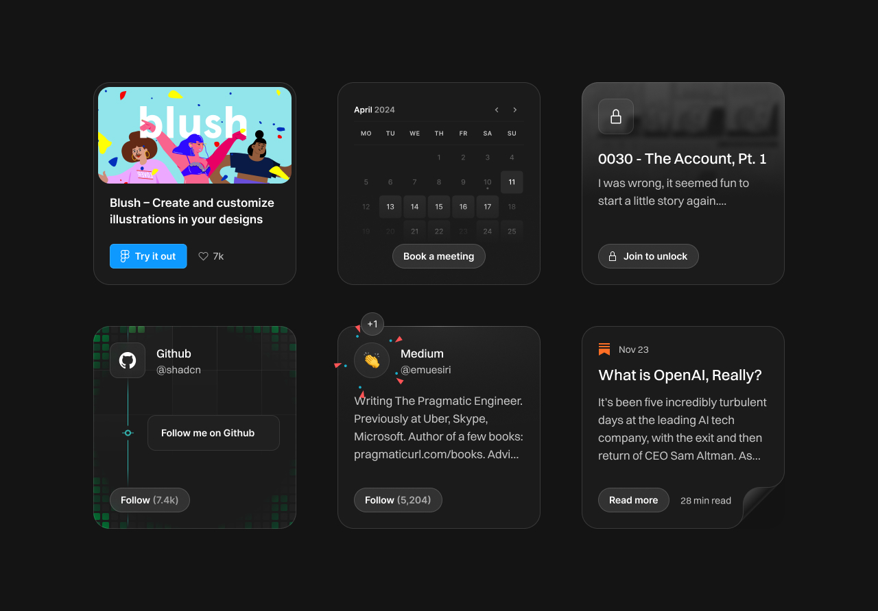 A collection of Portrait cards for apps, booking, writing and social profiles