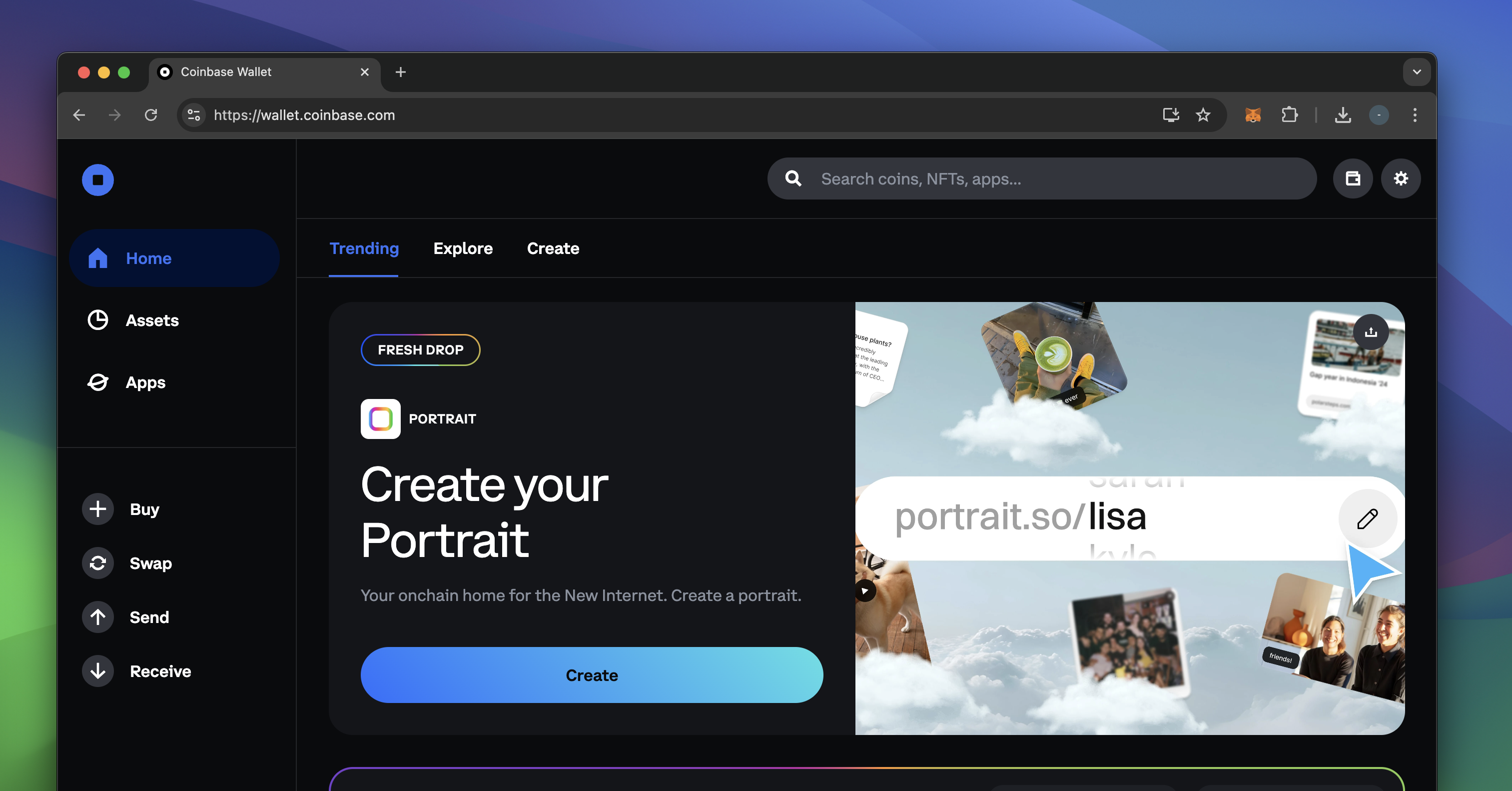 Screenshot of Portrait being featured on the Coinbase website