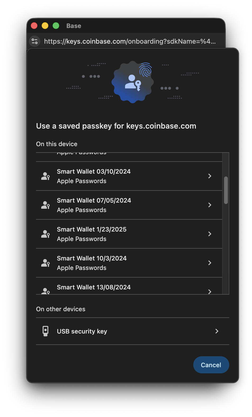 Coinbase wallet passkey prompt screenshot