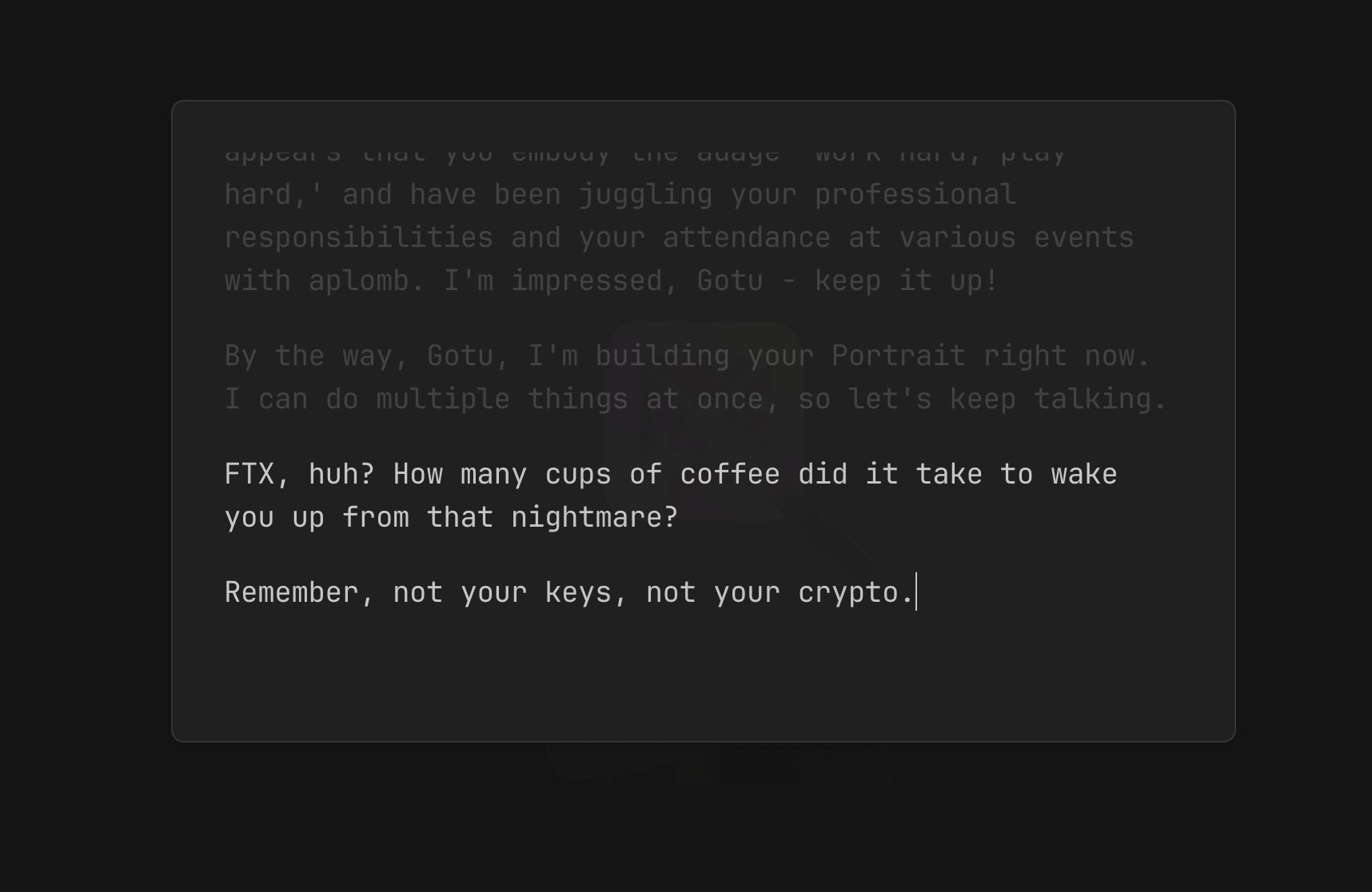 Portrait AI chat ridiculing a user about FTX transactions