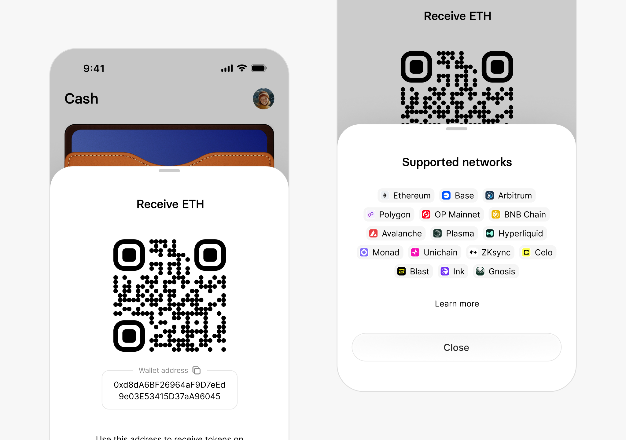 Portrait Wallet receive flow and supported networks