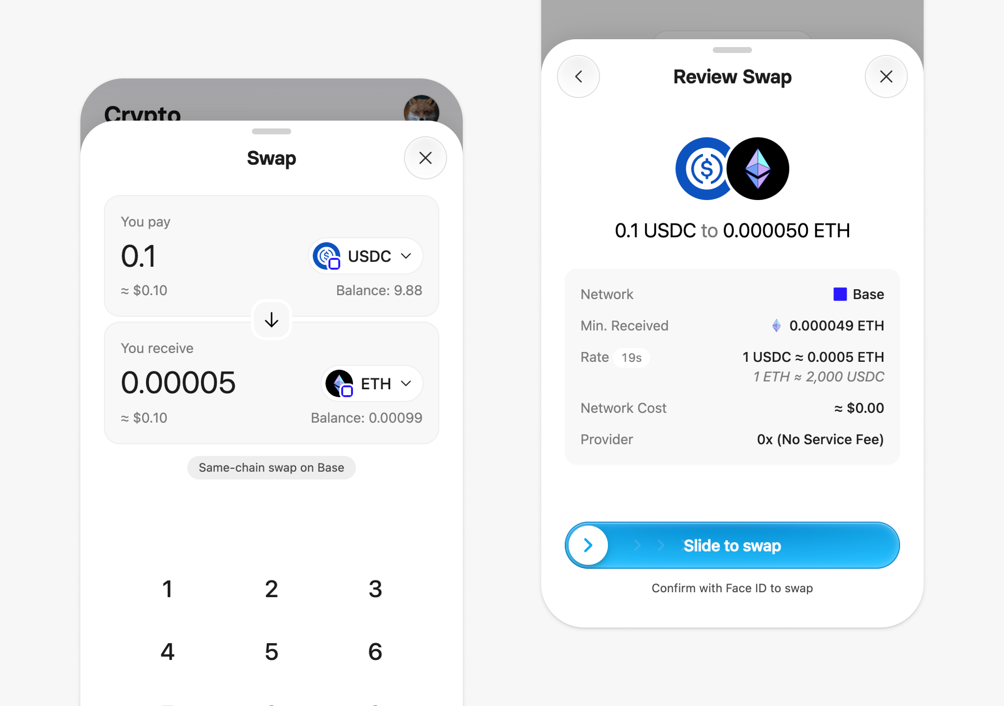 Portrait Wallet swap and confirmation flow